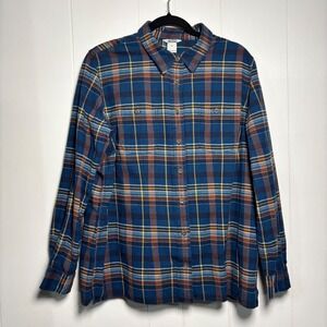 Duluth Trading Co Womens XL Blue Orange Plaid Flannel Button Down Shirt gorpcore